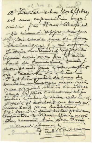 MONDRIAN PIET (1872 - 1944) L.A.S à M. WOLFFBERG, Paris, 13 octobre 1930 2 pages...