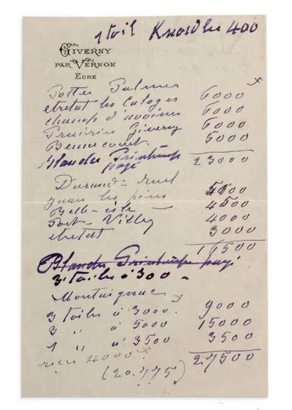 MONET CLAUDE (1840 - 1926) NOTE autographe; 1 page et quart in-8 à l'encre violette,...
