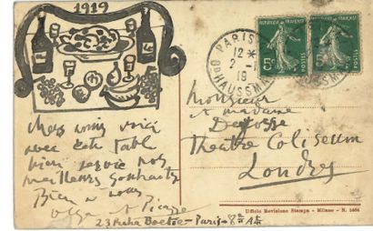 PICASSO Pablo (1881 - 1973) Carte postale de voeux autographe signée et dessin original...