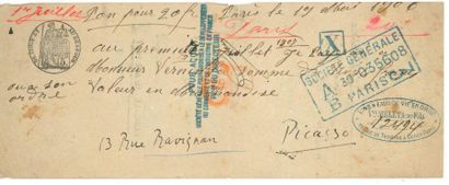 PICASSO Pablo (1881 - 1973) Billet autographe signé, Paris, 19 mai 1906
In-12 oblong
Billet...