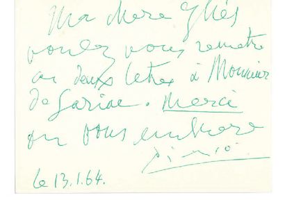 PICASSO Pablo (1881 - 1973) Carte autographe signée à Inès
SASSIER, Mougins, 13 janvier...