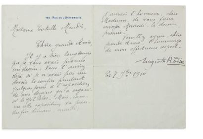 RODIN Auguste (1840 - 1917) + L.S. «Auguste Rodin», 7 novembre 1910, à Mme Jane Catulle...