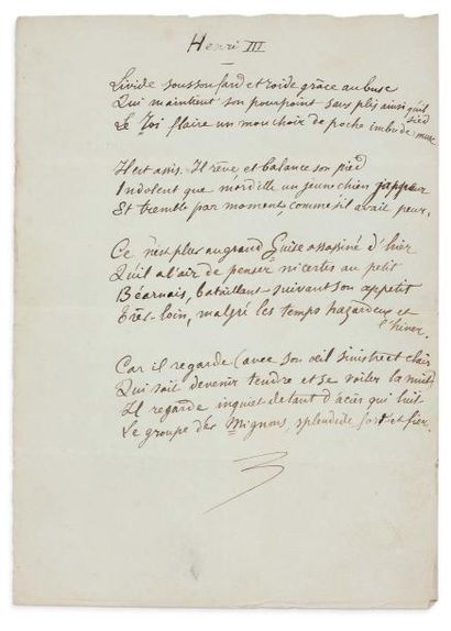VERLAINE PAUL (1844- 1896) 
Henri III, poème autographe, circa 1865; 1 page in-8...