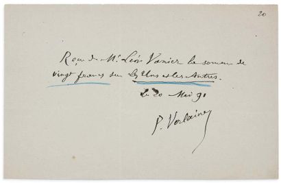 VERLAINE PAUL (1844- 1896) 
Reçu autographe signé à son éditeur
Léon VANIER pour...