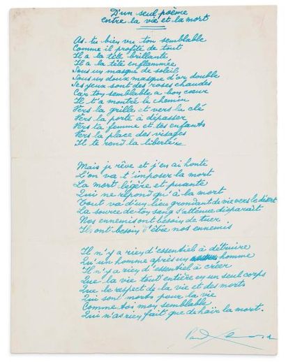 ÉLUARD PAUL (1895- 1952) D'un seul poème entre la vie et la mort, poème autographe...