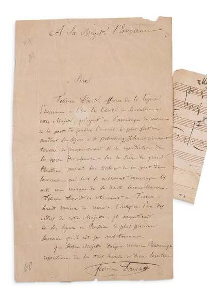 DAVID FÉLICIEN (1810-1876) + L.A.S. (minute) et P.A.S. musicale, 1865; 1 page petit...