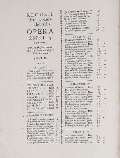 LULLY JEAN-BAPTISTE (1632-1687) MANUSCRIT MUSICAL, Recueil des plus beaux endroits...