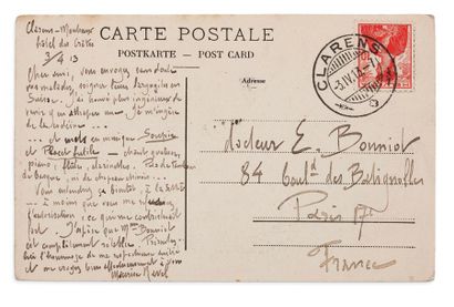 RAVEL Maurice (1875-1937) L.A.S. sur carte postale, «Clarens-Montreux hôtel des Crêtes»...