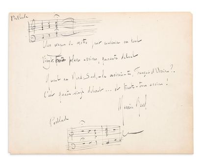 RAVEL Maurice (1875-1937) MANUSCRIT autographe signé avec MUSIQUE; 1 page oblong...