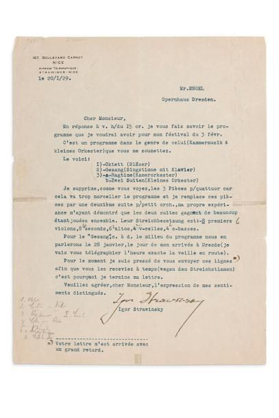 STRAWINSKY Igor (1882-1971) L.S., Nice 20 janvier 1929, à Mr ENGEL, à l'Opéra de...