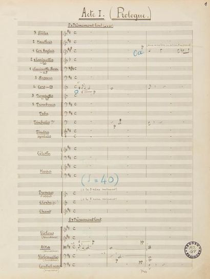 null CANTELOUBE Joseph (1879-1957).
MANUSCRIT MUSICAL autographe signé, Le Mas (1925) ;...