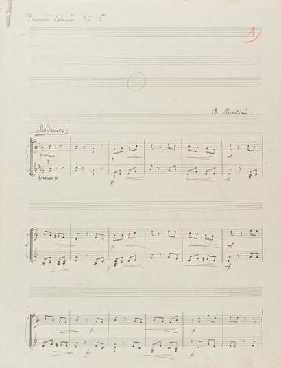 null MARTINU Bohuslav (1890-1959).
MANUSCRIT MUSICAL autographe signé, Études faciles...