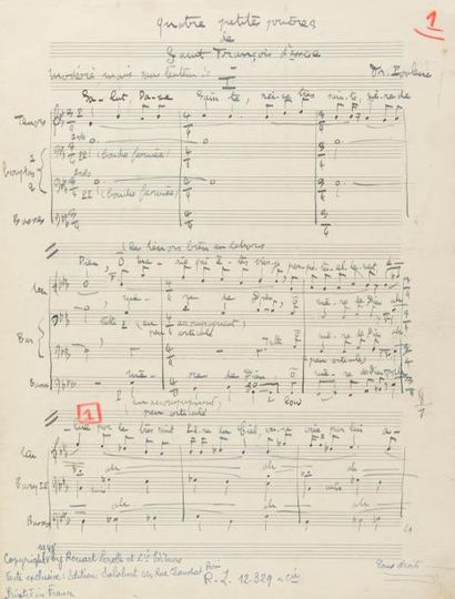 null POULENC Francis (1899-1963).
MANUSCRIT MUSICAL autographe signé, Quatre petites...
