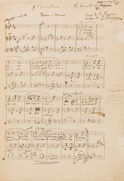 null PUCCINI Giacomo (1858-1924).
MANUSCRIT MUSICAL autographe signé, E l’uccellino…...