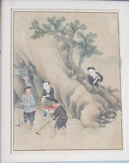 JAPON Suite de 5 peintures japonaises sur papier, encadrées