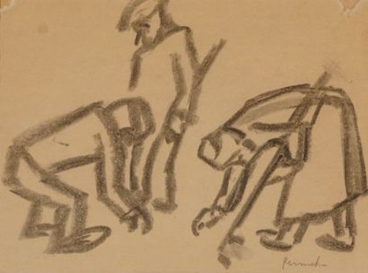 Constant Permeke (1886-1952) "Les glaneurs de pommes de terre". Fusain sur papier....