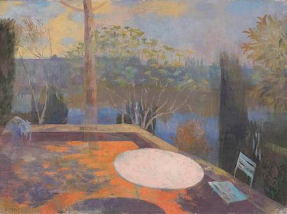 Bernadette KELLY (1933) 
"Jussens" ou « La terrasse sur l'étang », 1984.  Huile sur...