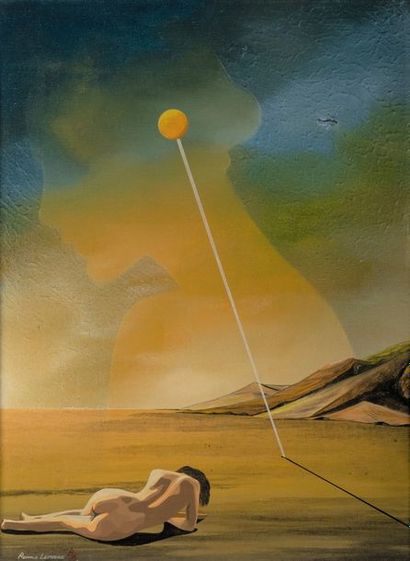 Ronald LEMAIRE (XX) Nu à l'épingle et silhouette surréaliste. 60,5 x 45,5 cm. Huile...