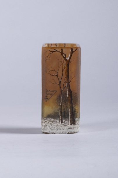 Antonin DAUM (1864-1930) Nancy Vase carré en verre multicouche à décor de forêt en...