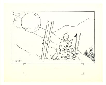 HERGÉ, Georges Remi dit (1907-1983) 
Carte neige. Encre de Chine sur papier contrecollé...