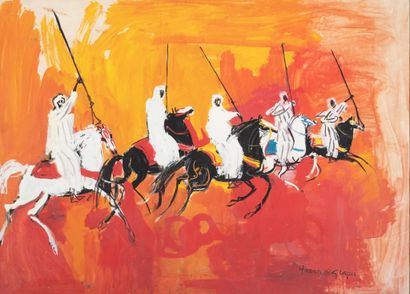 Hassan EL GLAOUI (1924-2018) 
La charge des cavaliers ou "Fantasia". Peinture à l'huile...