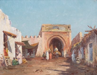 Léon Jean GIORDANO DI PALMA (1886-?) Vue animée d'un souk au Maroc. Huile sur toile....