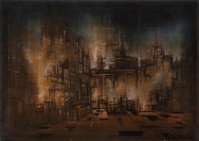 Alain BALENCOURT (1947) Abstraction architecturale. Huile sur toile. 50 x 70 cm....