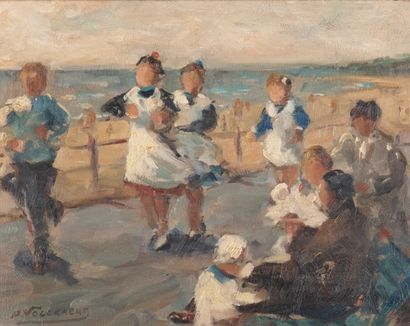 Piet Volckaert (1902-1973) Famille sur la digue à la mer du Nord. Huile sur panneau....