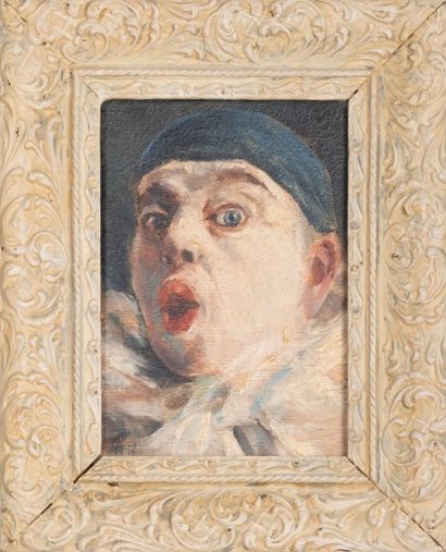 Armand HENRION (1875-1958) Pierrot à l'expression de clown. Huile sur panneau. 14...