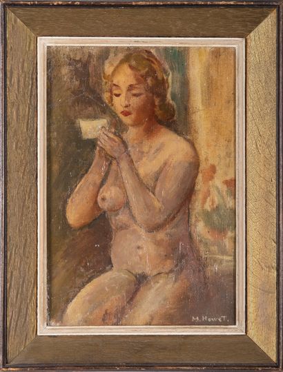 Marie HOWET (1897-1984) Nu au rouge à lèvres. Huile sur toile marouflée sur panneau.34...