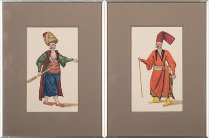 Art ottoman, XIX e Soldats ottomans, Janissaire et Bostanji. Gouache sur papier....