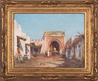 Léon Jean GIORDANO DI PALMA (1886-?) Vue animée d'un souk au Maroc. Huile sur toile....