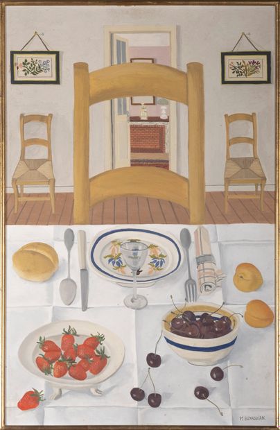Micheline BOYADJIAN (1923-2019) 
"La table ", 1963. Huile sur carton marouflé sur...