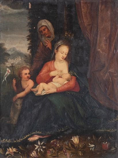 Jan I BRUEGHEL (1568-1625), entourage de, Anvers XVIIe. 
Vierge allaitante entourée...