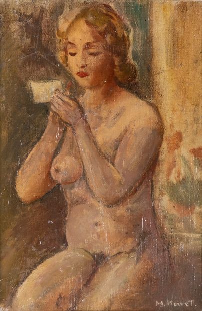 Marie HOWET (1897-1984) Nu au rouge à lèvres. Huile sur toile marouflée sur panneau.34...