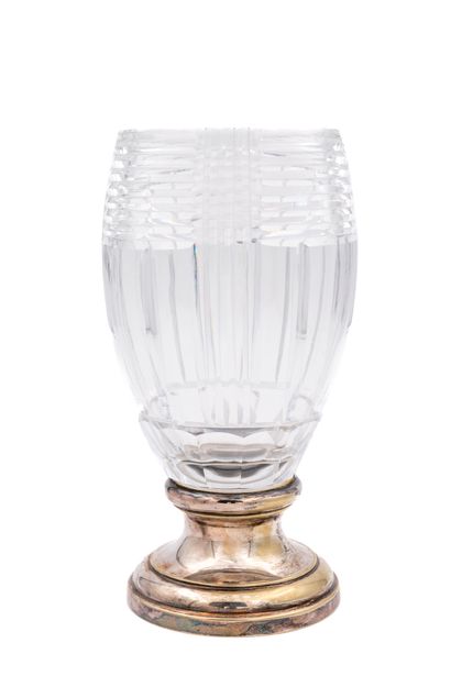 Val-Saint-Lambert - VSL Vase art déco en cristal clair à piédouche cerclé d'un bat...