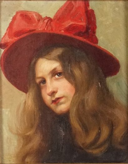 ÉCOLE RUSSE Young girl with a red hat. Oil on panel. 24.5 x 18.7 cm. Framed. Bears...