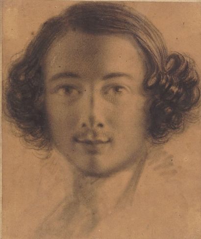 Ecole Romantique - ca 1830 Portrait esquissé d'un jeune homme romantique. Dessin...