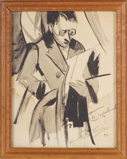 PROSPER DE TROYER (1880-1961) 
Dandy à la lecture, 1924. Lavis d'encre de chine....