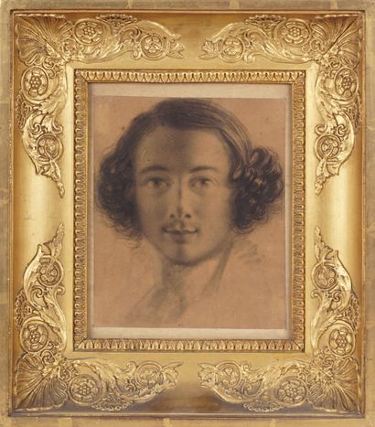 Ecole Romantique - ca 1830 Portrait esquissé d'un jeune homme romantique. Dessin...
