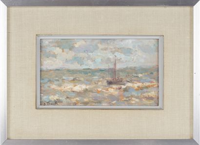 Lucien FRANK (1857 -1920) Bateau en mer du Nord. Huile sur panneau. 10 x 16.4 cm....