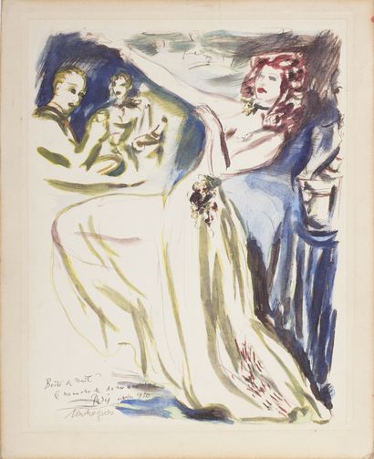 Louis TOUCHAGUES (1893-1974) "Boite de nuit", 1950.. Aquarelle sur papier marouflé...