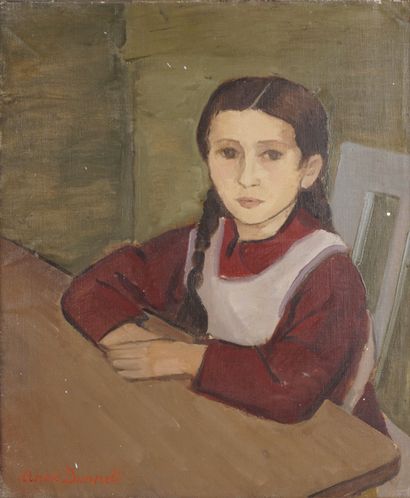 Anne BONNET (1908-1960) Enfant à la table ou Marie-Rose à table. Huile sur toile....