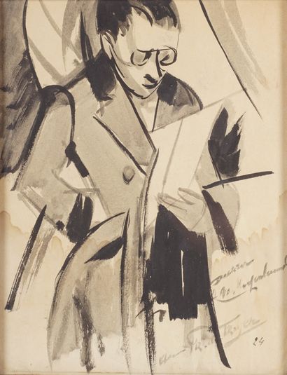 PROSPER DE TROYER (1880-1961) 
Dandy à la lecture, 1924. Lavis d'encre de chine....