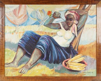 LEMA KUSA, Kinkenge, Bas-Congo, 1944 Sans titre (Femme aux bananes). Huile sur toile....