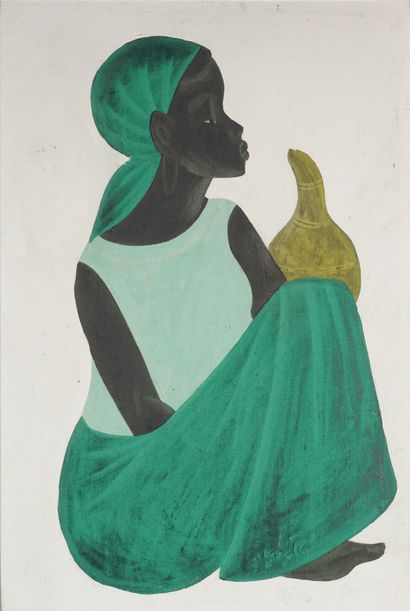 MANDA, DRC-20 th Sans titre (Femme à la jupe verte). Huile sur panneau. 87 x 58,5....