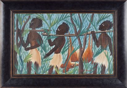KABINDA (Luda, DRC, 1927 - ?) Sans titre (Retour de chasse). Huile sur toile. 31...