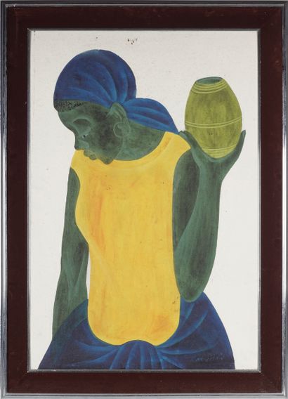 MANDA, DRC-20 th Sans titre (Femme à la jupe bleue). Huile sur panneau. 87 x 58,5....