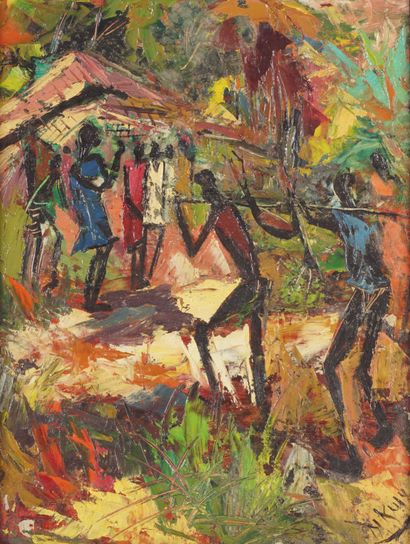 Felelo NKUSU, (Bas-Congo, 1914 – 1995, Kinshasa, DRC) Sans titre (Scène de village)....