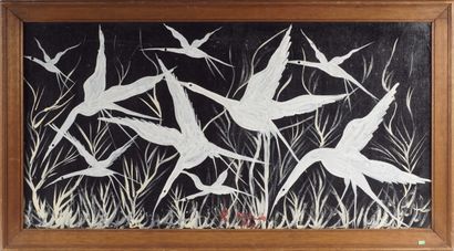 KABINDA (Luda, DRC, 1927 - ?) Sans titre (Oiseaux blancs). Huile sur panneau. 45...